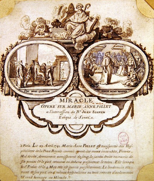 Marie-Anne Pollets mirakel, ca 1741 (akvarell och bläck) av French School