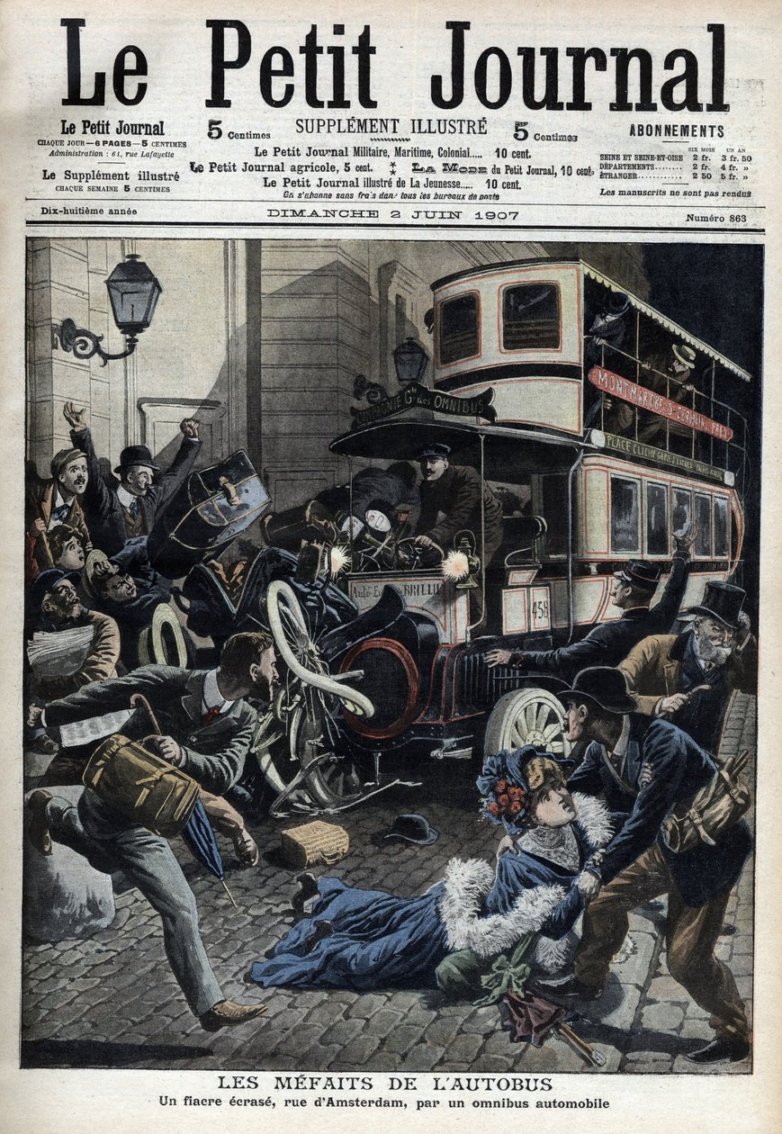 Bussens misstag: en fiaker krossad av en buss på Parisgatan i Amsterdam "Le Petit journal", juni 1907 (gravyr) av French School
