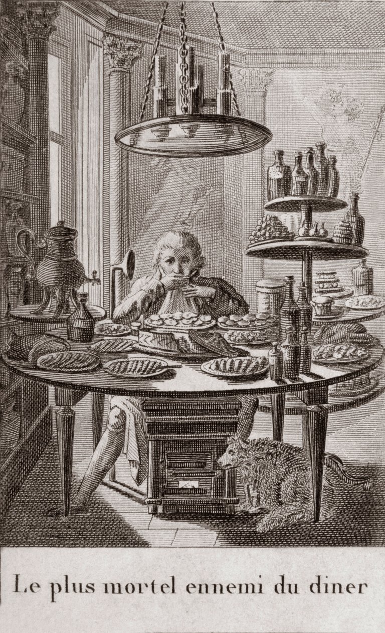 Middagens mest dödliga fiende - gravering i "" Almanach av gourmeter, tjänar som en guide på sätt att göra utmärkt kära. Av en gammal amatör”” av Alexandre Balthazar Laurent Grimod de la Reyniere - 1804-1812 av French School