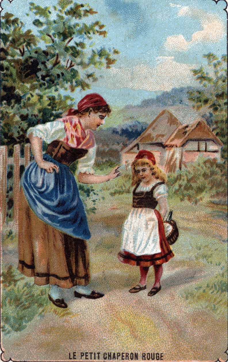 Rödluvans mor varnar henne för vargen Illustration av berättelsen "Rödluvan"" av Charles Perrault (1628-1703) "" Rödluvans mor varnar henne för vargen"" ” Illustration från ”” Litt av French School