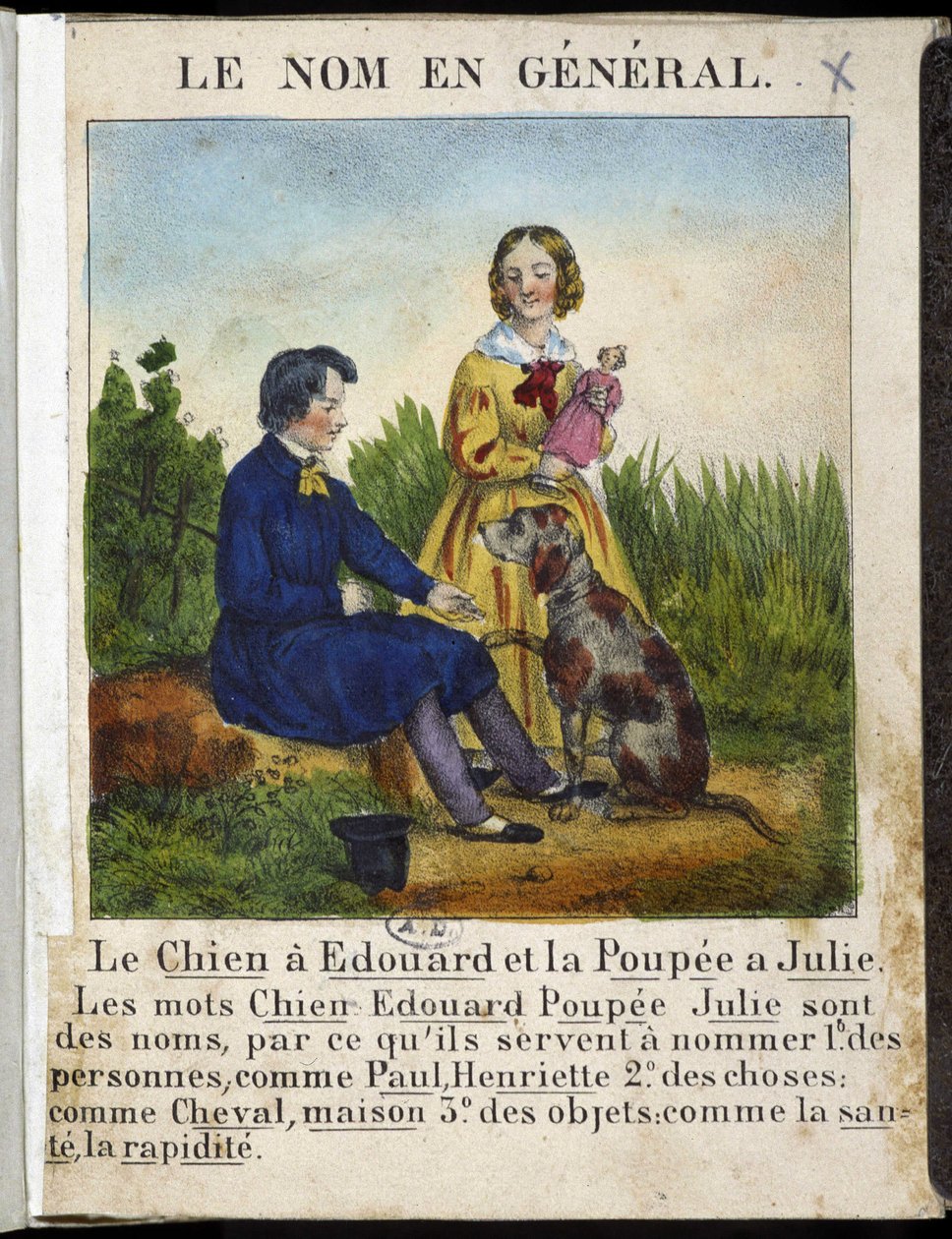 Namnet i allmänhet (en pojke med en hund och en flicka med en docka) - i "" La grammaire en images"" av French School