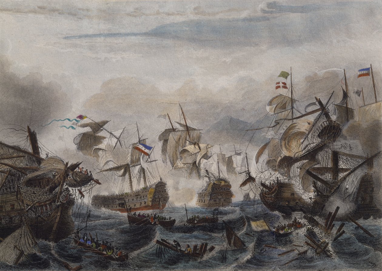 Sjöslaget vid Cape La Hogue 1692, graverat av Chavanne (färgerad etsning) av French School