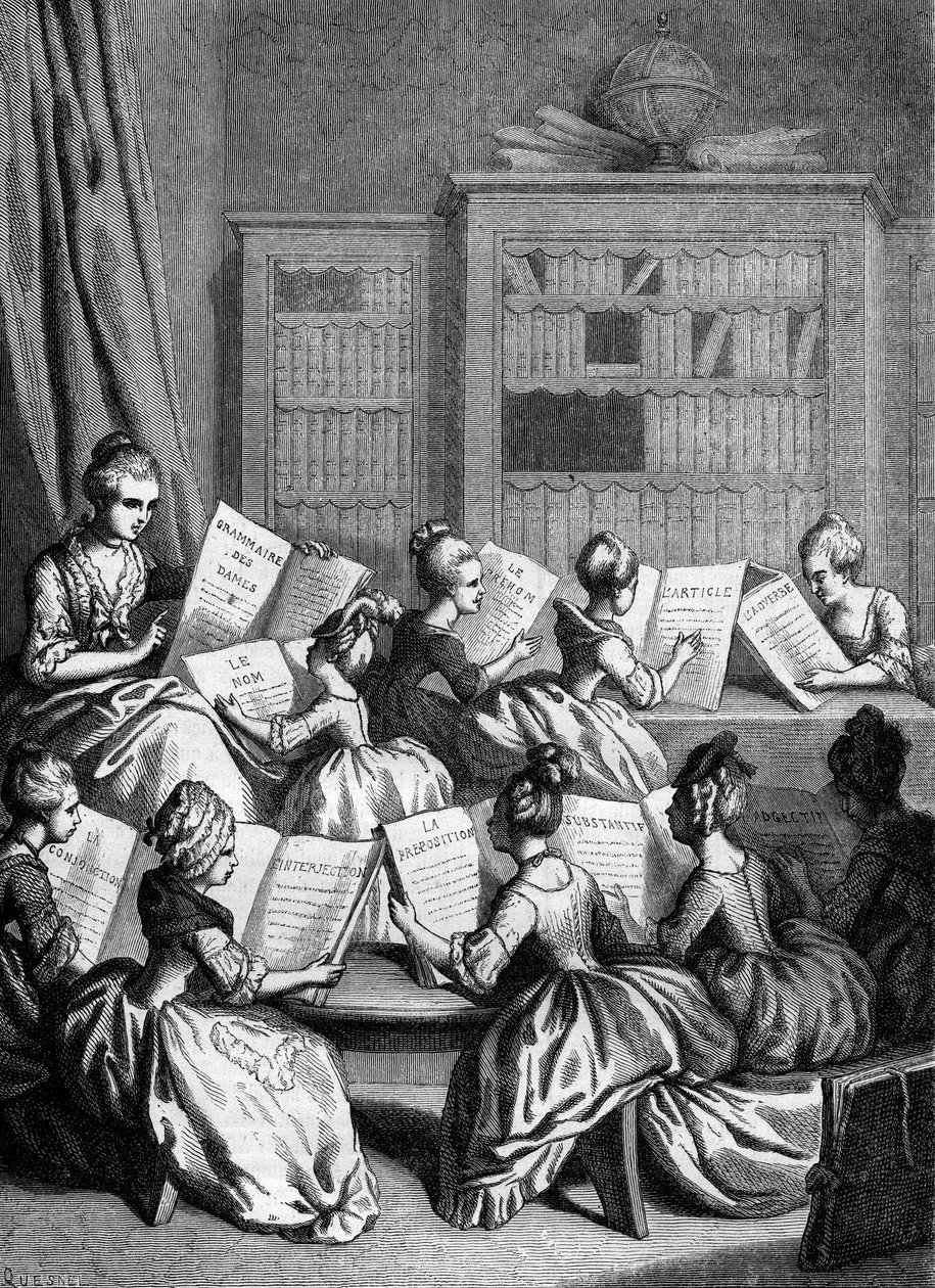 De nio delarna av talet. (Traditionell grammatik klassificerar ord i nio kategorier, även kallade "delarna av talet"). Skolstuderande under en grammatikföreläsning. 1700-talet? Gravyr från 1868. av French School