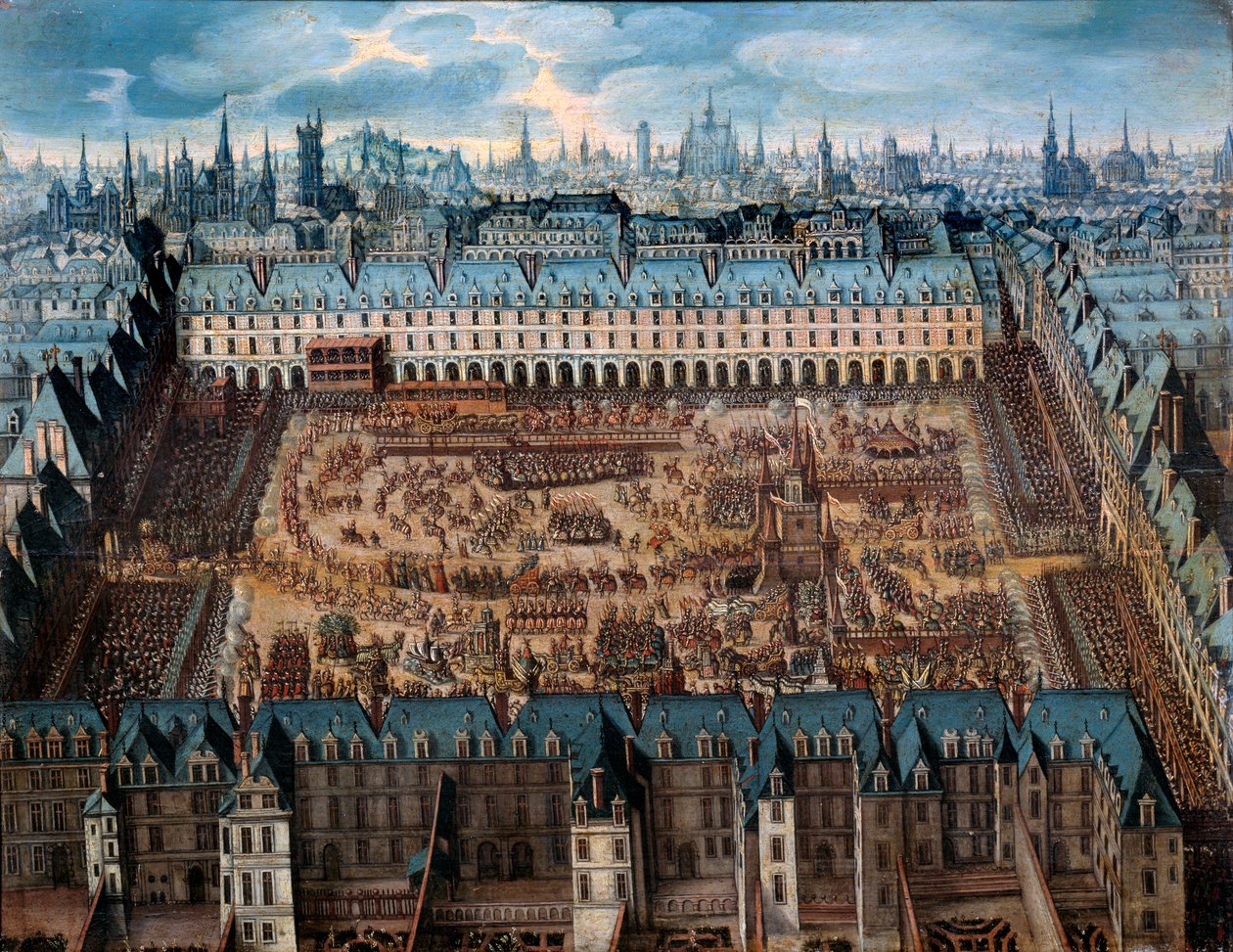 Romanen om ärans riddare eller Stora karusellen på det kungliga torget i april 1612 med anledning av bröllopet av Ludvig XIII (1601-1643) och Anne av Österrike - Anonym målning. 1612 olja på trä, sön. 0,41x0,52 m Paris, Musee Carnavalet - Grand Caro av French School
