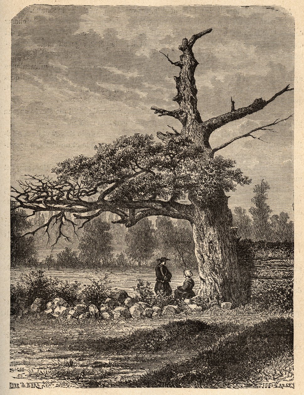 Henrik IV:s ek i Sainte Foix, nära Rennes - gravyr i "" PATRIE" - PECTUREQUIRESSE BESKRIVNING AV FRANKRIKE I 6 BÅNGAR AV LUCIEN HUARD - slutet av 1800-talet av French School