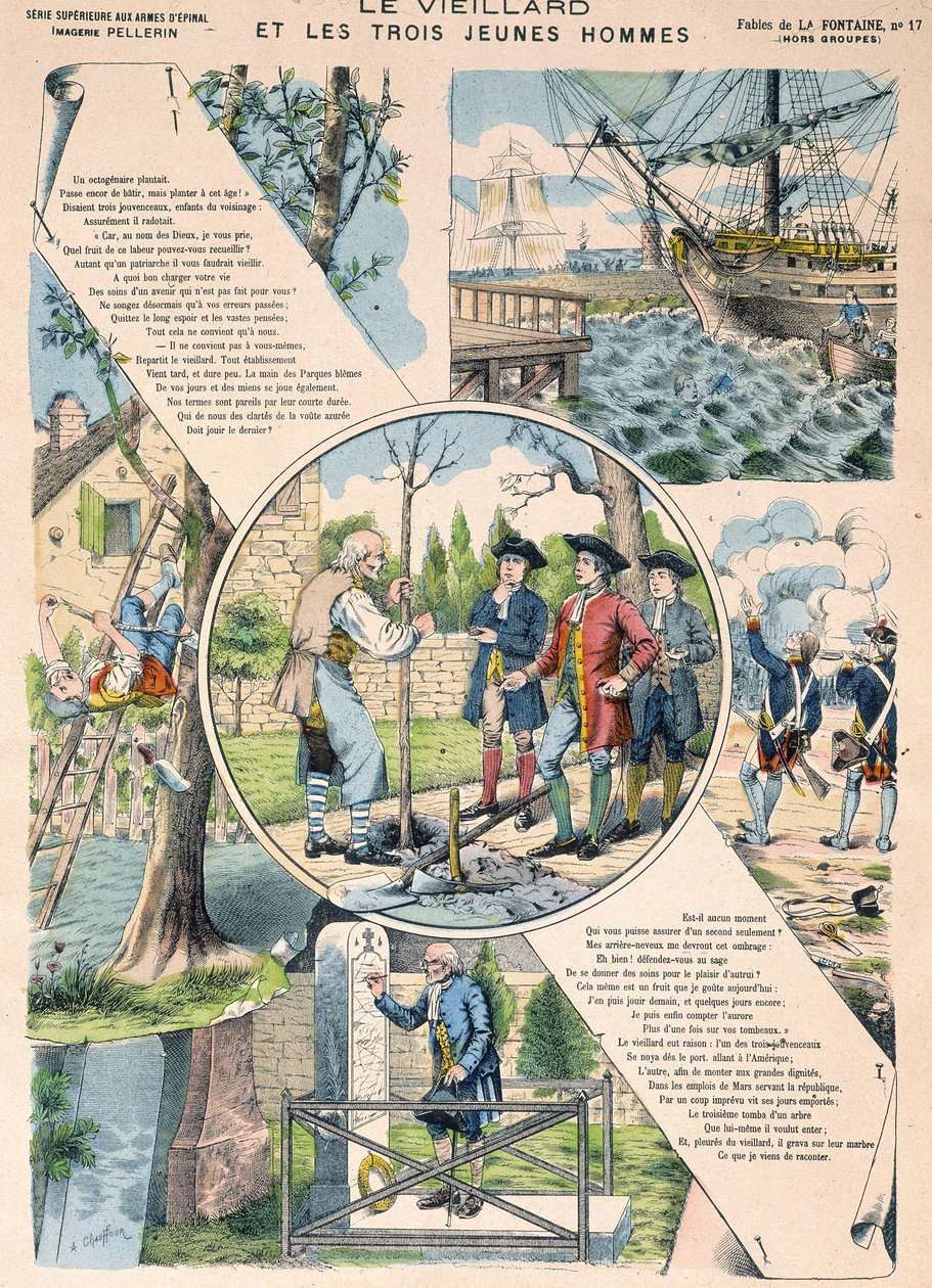 Den gamle mannen och de tre unga männen - Fables de La Fontaine i bilder av Epinal av French School