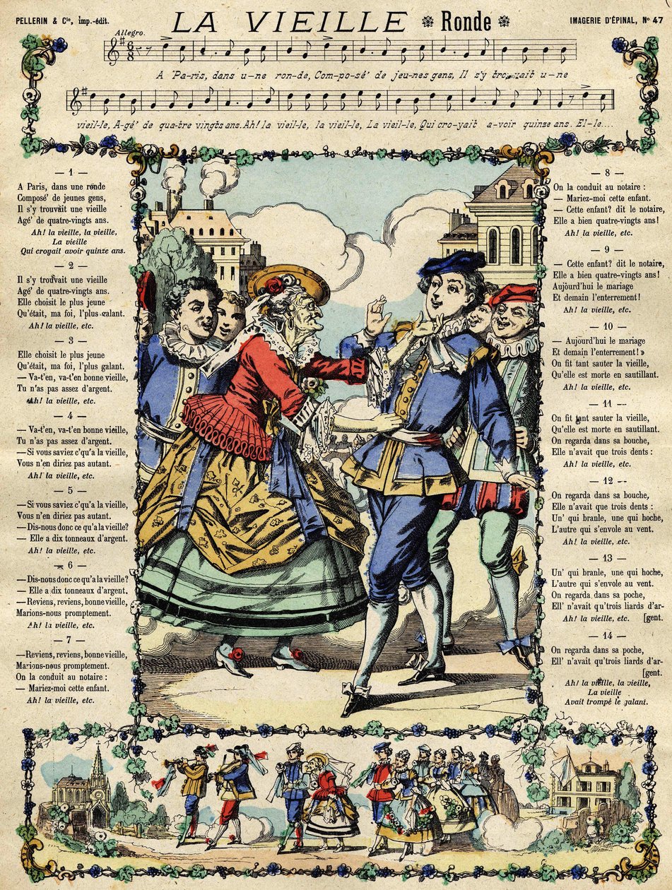 Den gamla populära sången. Bild på Epinal från 1800-talet av French School