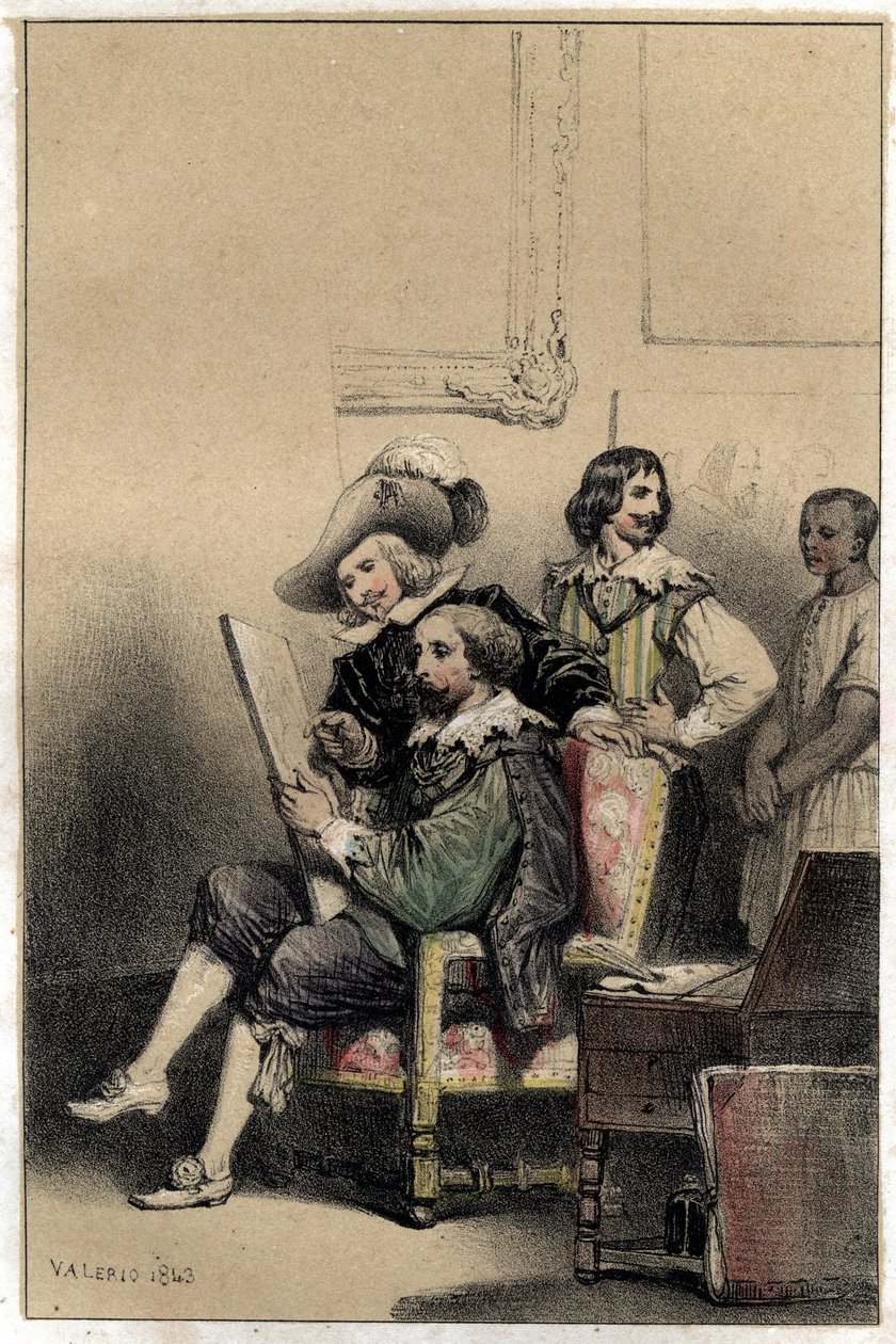 Målaren Diego Velasquez (1599-1660) välkomnar i sin ateljé Pierre Paul (Pierre-Paul) Rubens (eller Peter Paul eller Petrus Paulus) (1577-1640). Tallrik hämtad från "" Scenes de la vie des hommes famous""" gravyr i två nyanser av Valerio. 1843. av French School