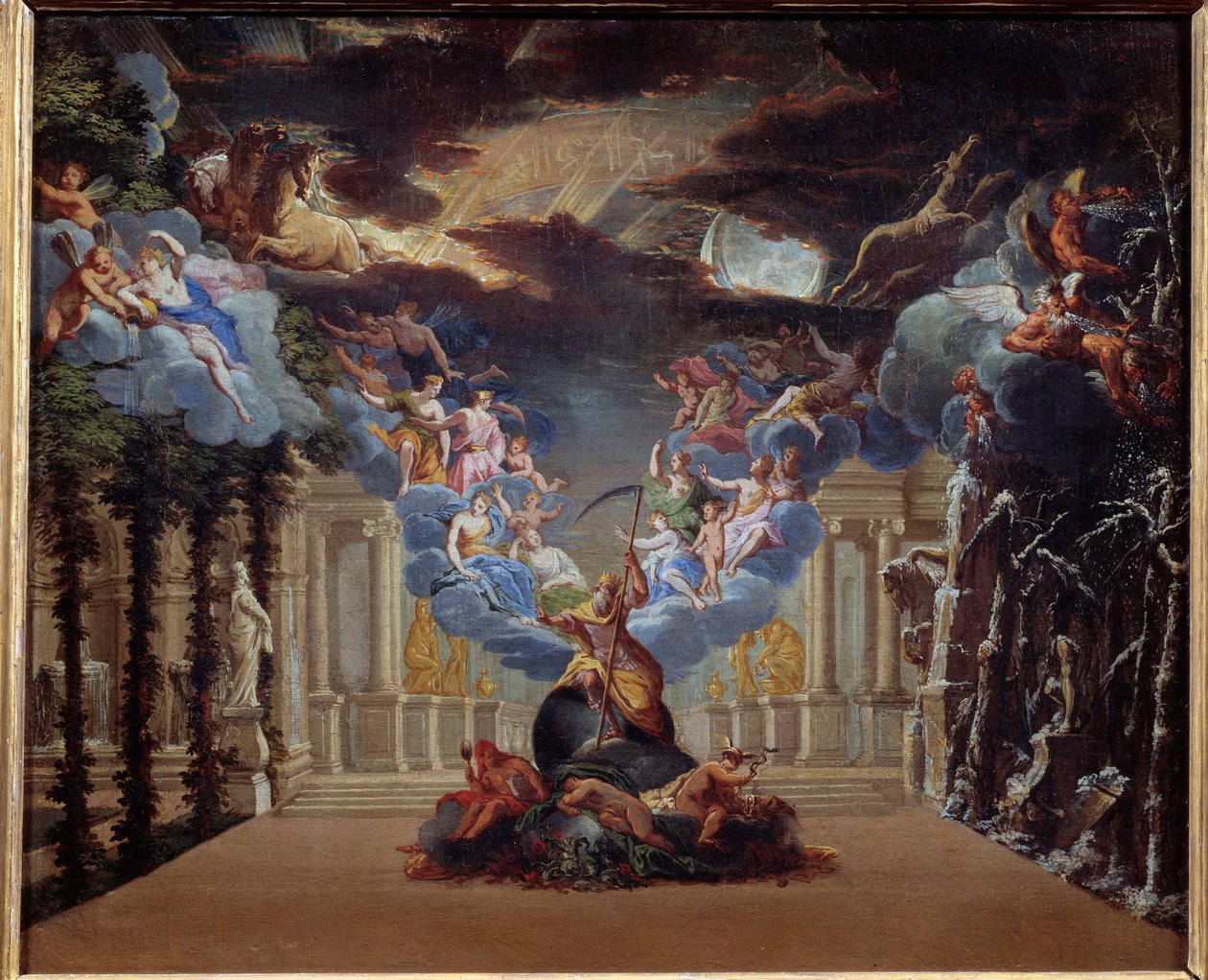 Tidens palats, dekor av prologen till "Atys" av Jean Baptiste Lully (Giovanni Battista Lulli) (1632-1687) skapad 1676 Myhologiska figurer som Merkurius, Hermes är representerade. Anonym målning av den franska skolan på 1600-talet. Paris av French School