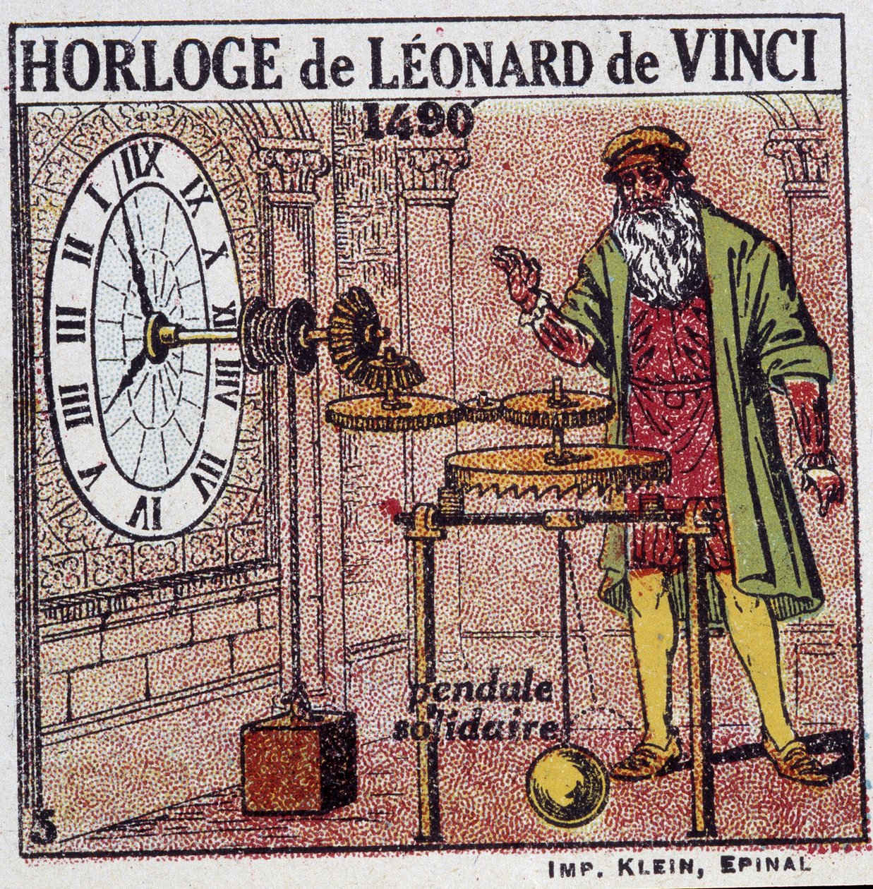 Den pendulära klockan av Leonardo da Vinci (Leonardo da Vinci) (1452 - 1519) (pendel 1490) - i "" Energi"" av Henri Arnould, ed. Quillet, Paris, 1900-talet av French School