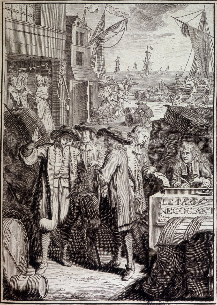 Den perfekta förhandlingen (avslutning av en marsch i en hamn på 1700-talet) - framsida av ett verk av Jacques Savary av French School