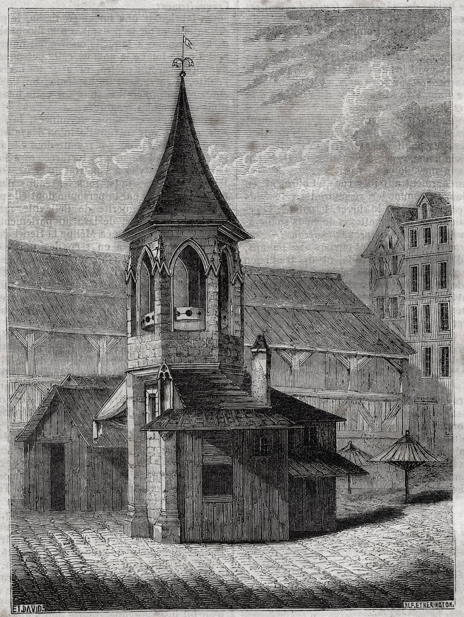Hallernas pelare på 1700-talet, byggd på de oskyldigas gamla kyrkogård - Gravyr i "Paris fysiska, civila och moraliska historia: från de tidigaste historiska tiderna till idag" av Jacques Antoine Dulaure av French School
