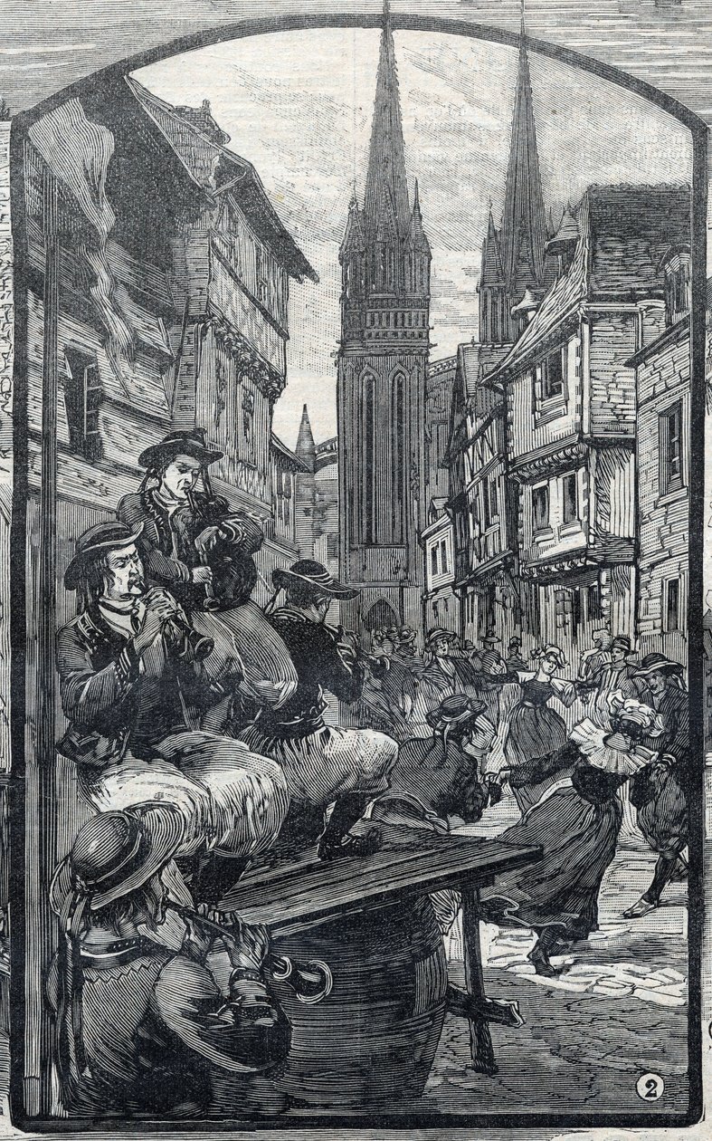 Spelarna i biniou i Quimper (Finistere, Bretagne). i "Den lille parisaren"" av French School