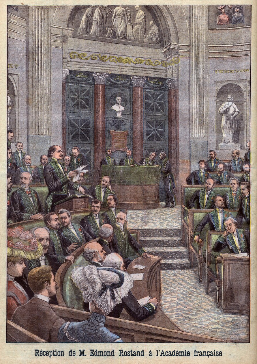 Poeten och dramatikern Edmond Rostand tas emot i Academy Francaise för "Le Petit Journal" av French School