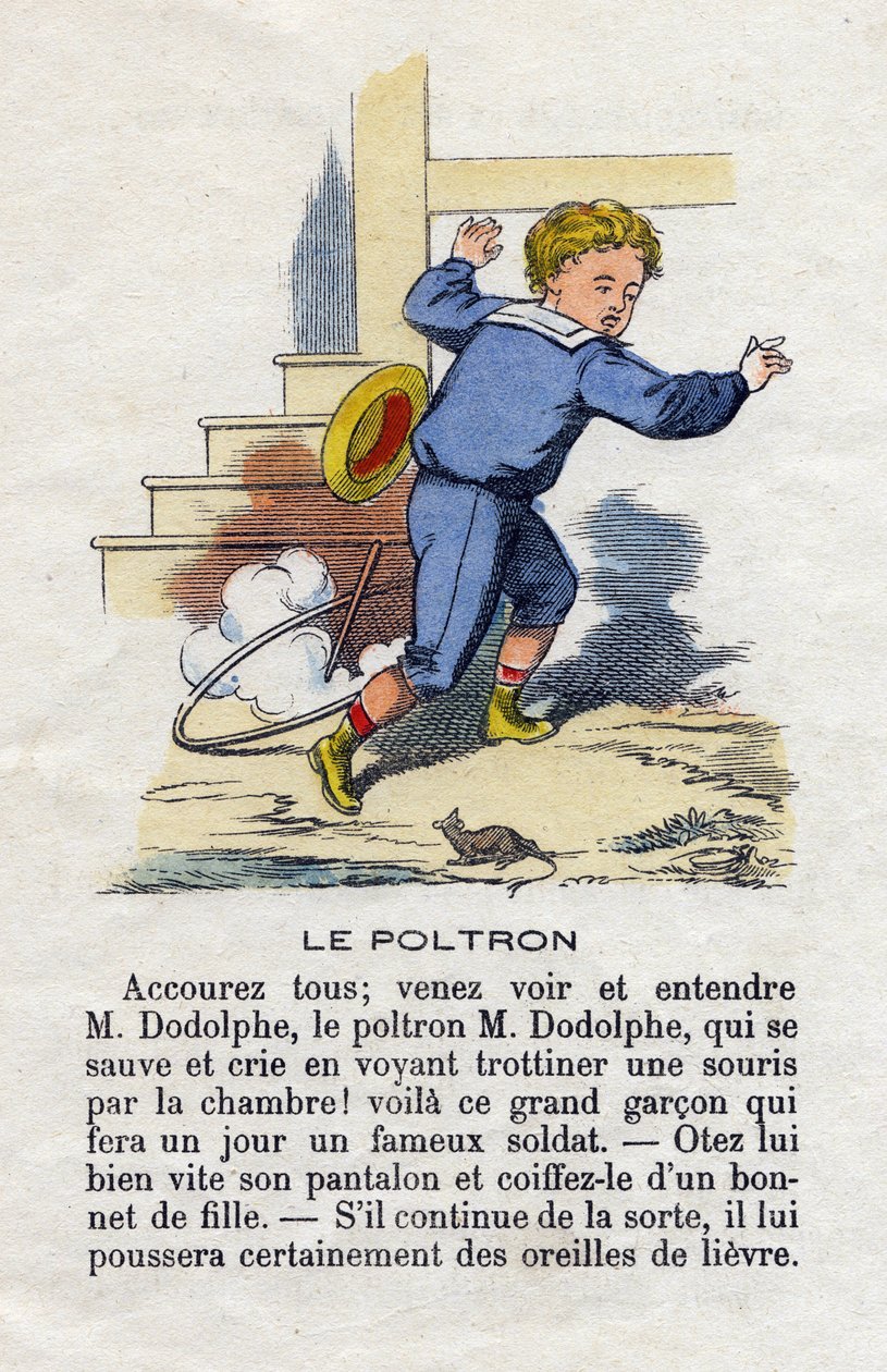 Poltronen. Ett barn som spelar bågen skrämt av en mus. Små pojkar alfabetet. Abecedary har moraliskt värde som innehåller läsövningar. Epinal avbildning sent 1800-tal av French School