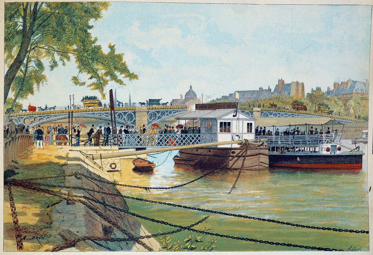 Pontonen av Suresnes båtar vid bron av Saints Peres. 1800-talsgravyr. Paris, Dekorativ konst av French School