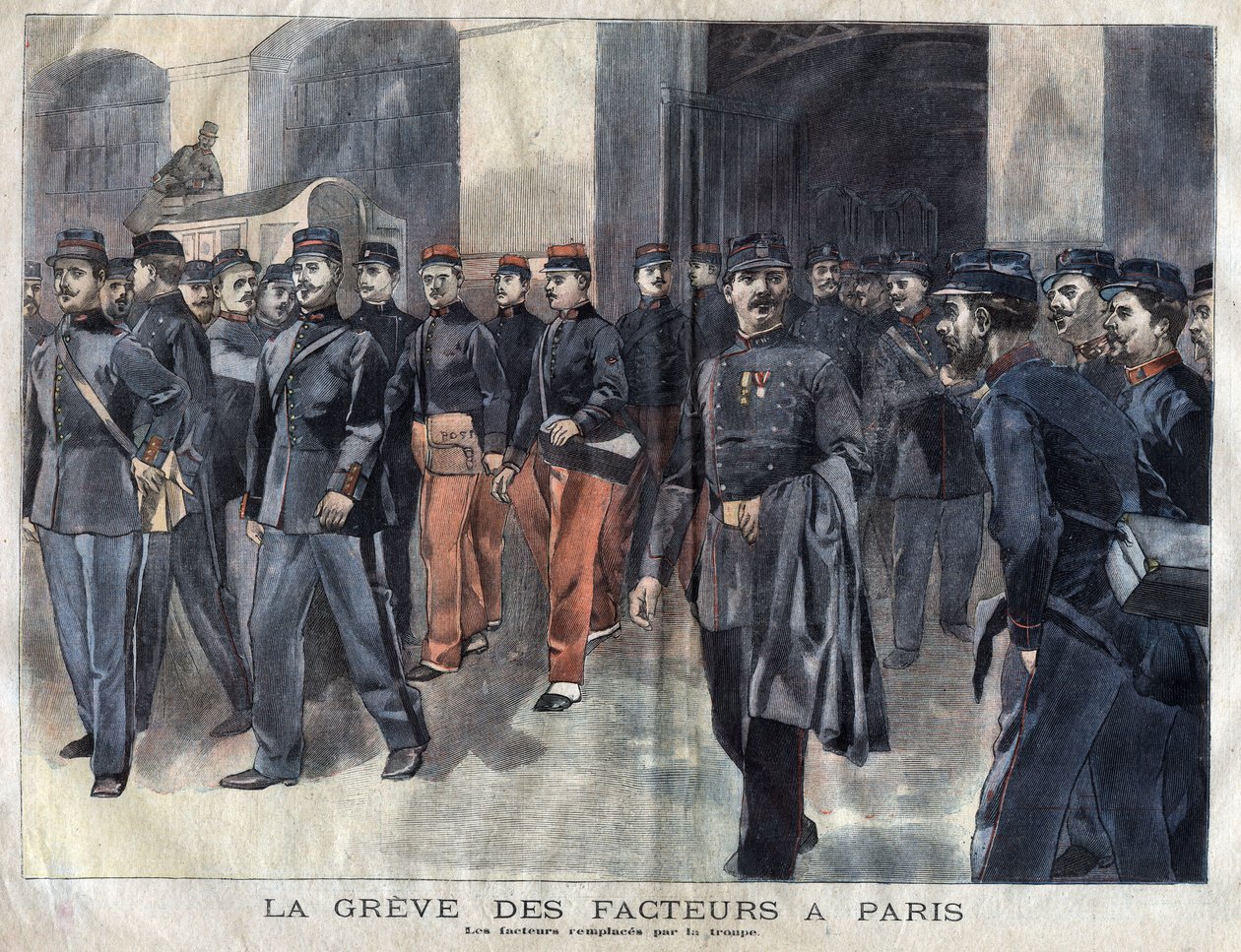 Brevbärarna strejkar: soldater och kommunala vakter anklagade för utdelning av brev i Paris. Gravyr från 1899 i "" La petite Gironde"" av French School