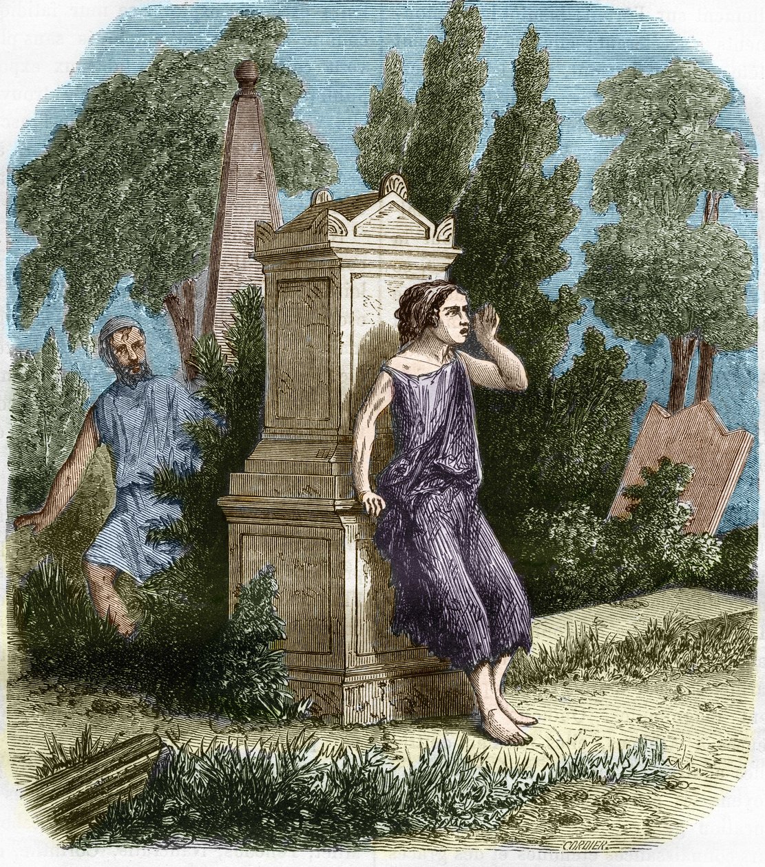 Antikens prostituerade, Grekland: Hetaires gjorde öppet sin lilla metier. Engravurein "Prostitutionens och utsvävningens historia bland alla världens folk från antiken till våra dagar" av Dr Th. -F. Debray. 1879. av French School