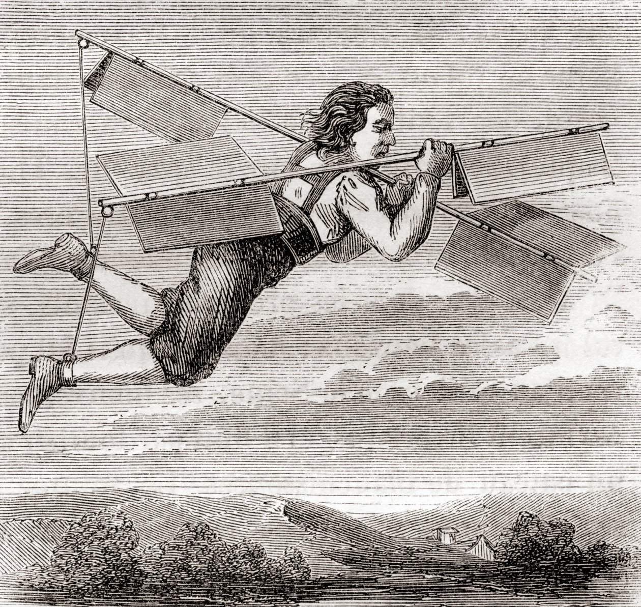 Den franske låssmeden Jacob Besniers påstådda flygning med hjälp av en egenkonstruerad flygapparat 1678, från "Les Merveilles de la Science", publicerad ca 1870 (litho) av French School