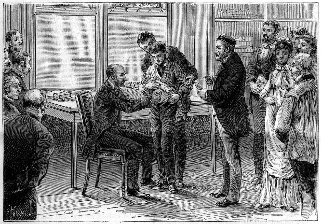 Rabiesvaccinoperationer, vid Louis Pasteurs laboratorium (1822-1895), teckning av C.Gilbert d