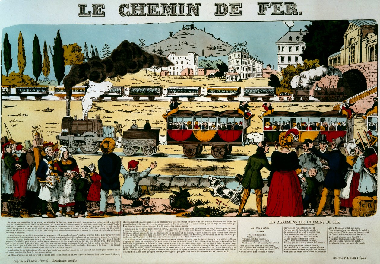 Järnvägen. Resenärer i tågvagnar hälsade av scenens åskådarskara. Gravyr. Bild på Epinal av French School