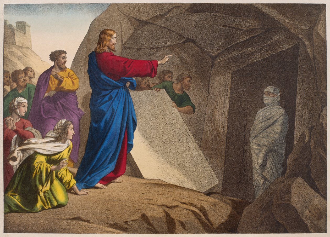 The raising of Lazarus, illustration från en katekes LHistoire Sainte, publicerad av Charles Delagrave, Paris, sent 1800-tal av French School
