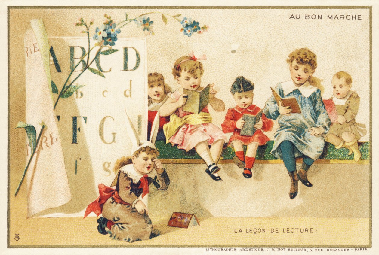 Läslektion, Paris, ca 1900 (kromolitografi) av French School