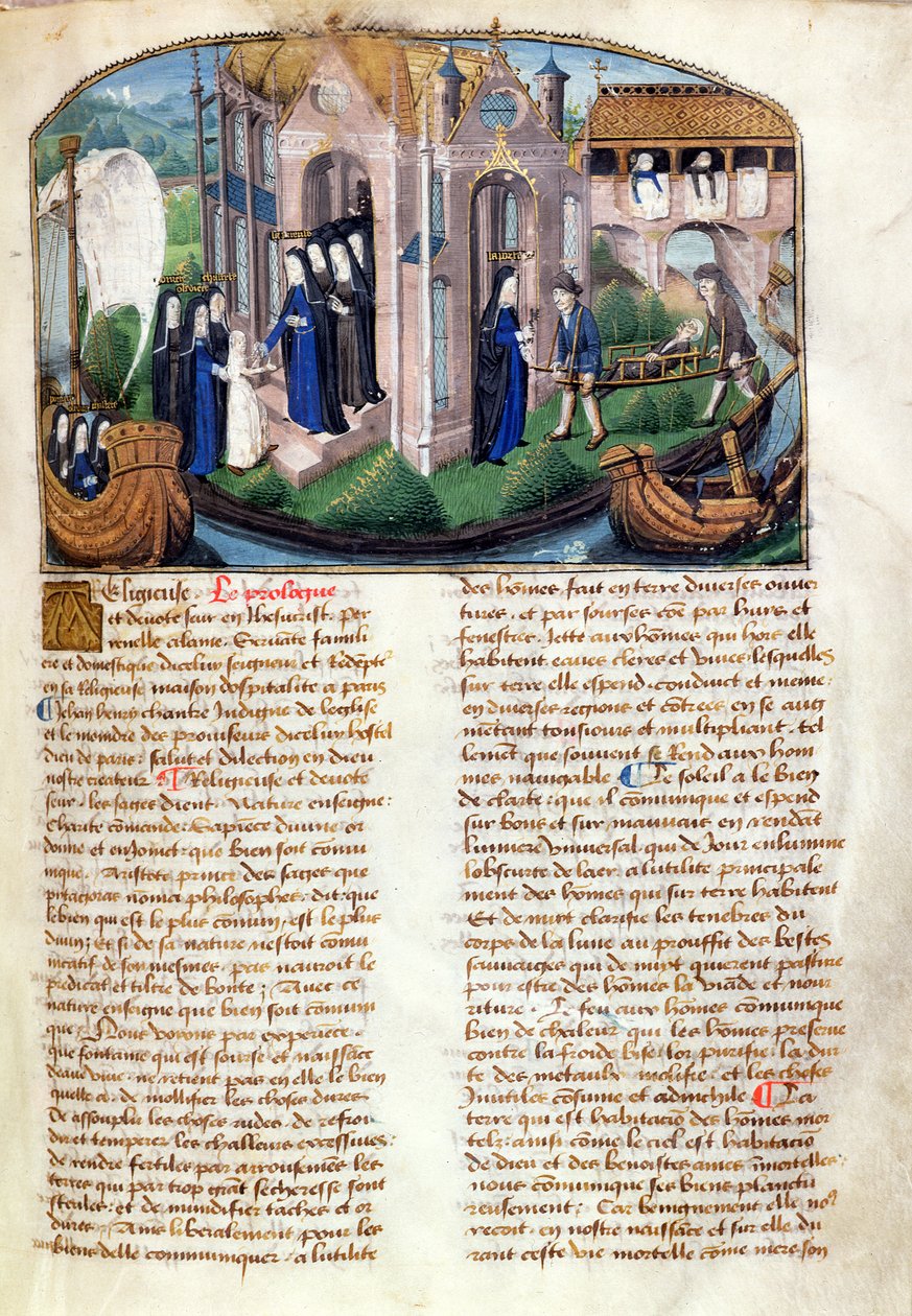 Mottagandet av en novis och välkomnande av en patient, från Le Livre de Vie Active de lHotel Dieu de Paris av Jean Henry, ca 1482 (se även 236790) av French School