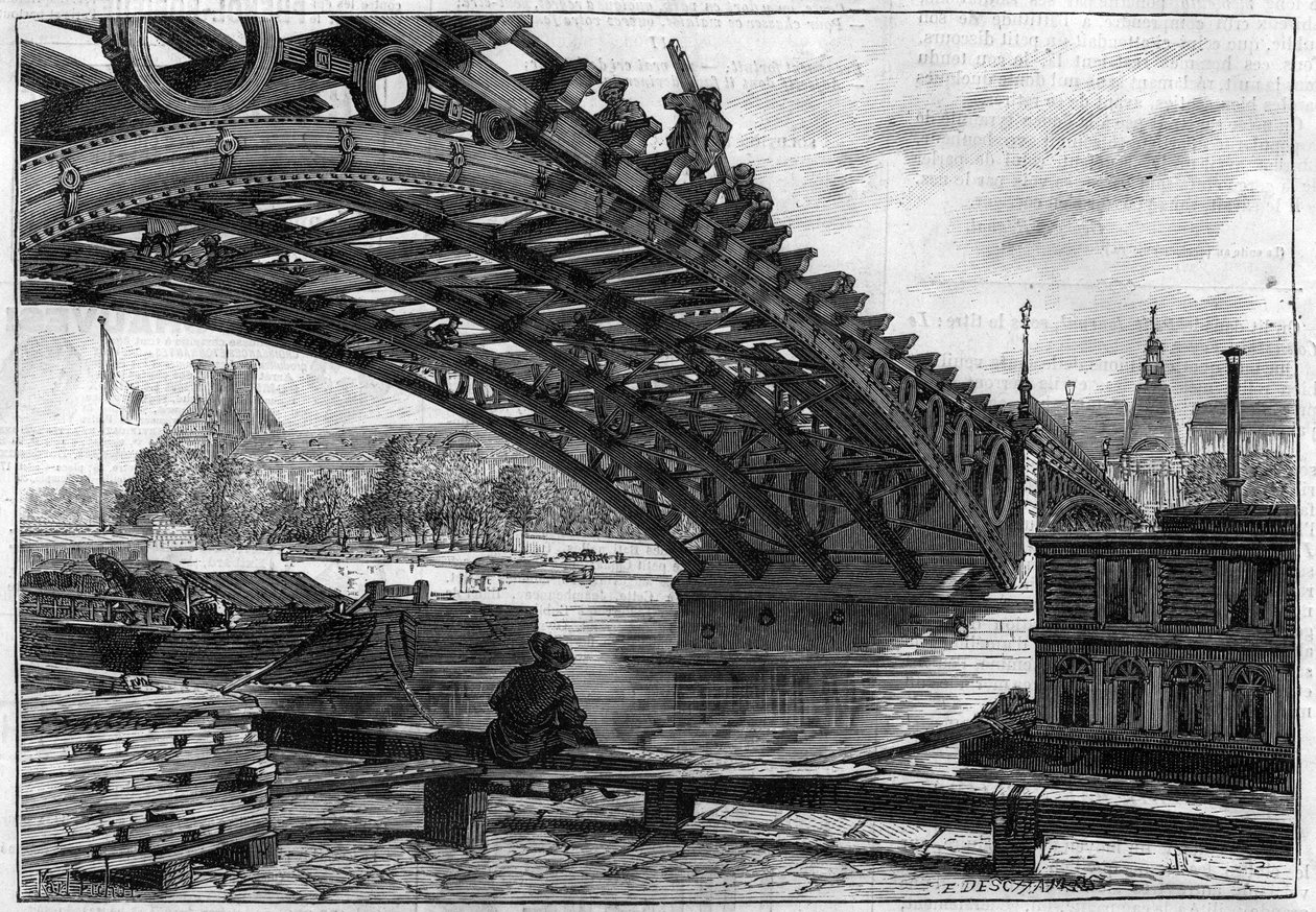 Reflexionen av däcket på Saints Peres bro (Pont du Carrousel) 1883 (Saints-Peres) - gravyr i "" Le journal illustrious"" av French School