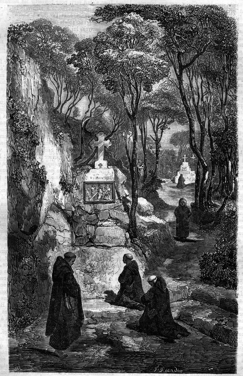 De religiösa av Saint Benoit (Saint Benoit) i bön. Gravyr i "Historien om påvarna-kungarna-drottningarna och kejsarna genom århundradena"" av Maurice Lachatre av French School