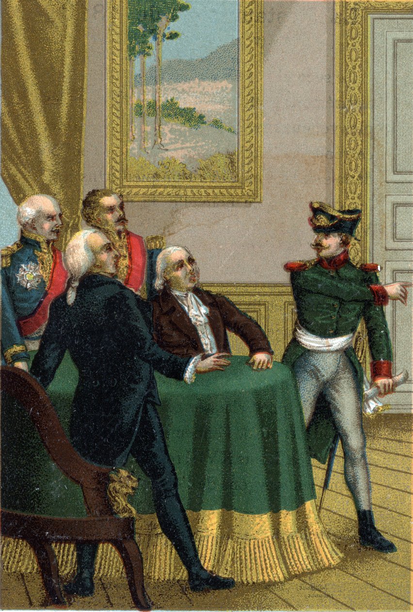 Restaureringen av 1815: Joseph Fouche, Napoleon I:s polisminister, lät introducera en preussisk officer i rummet där kommissionen för den provisoriska regeringen ledd av kung Ludvig XVIII den 7 juli 1815. av French School