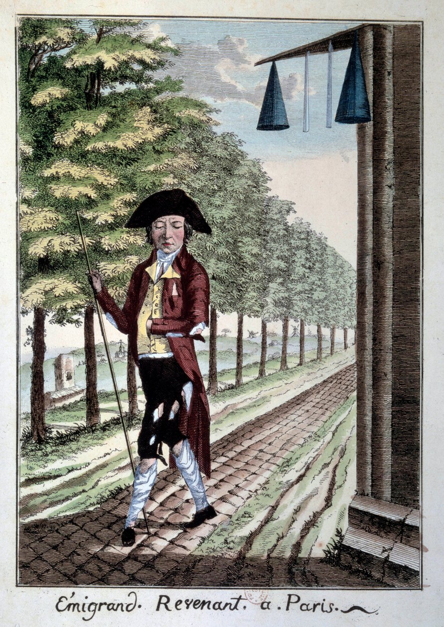 En emigrant återvänder i slutet av den franska revolutionen. En adelsman i trasiga kläder som flydde staden under revolutionen. Gravyr från 1800-talet Paris, Musee Carnavalet av French School