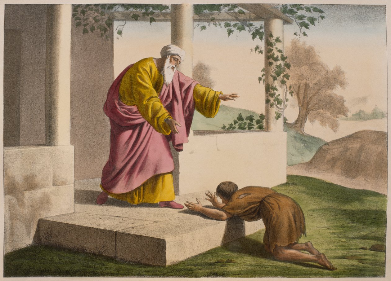 Den förlorade sonens återkomst, illustration från en katekes LHistoire Sainte, publicerad av Charles Delagrave, Paris, sent 1800-tal av French School