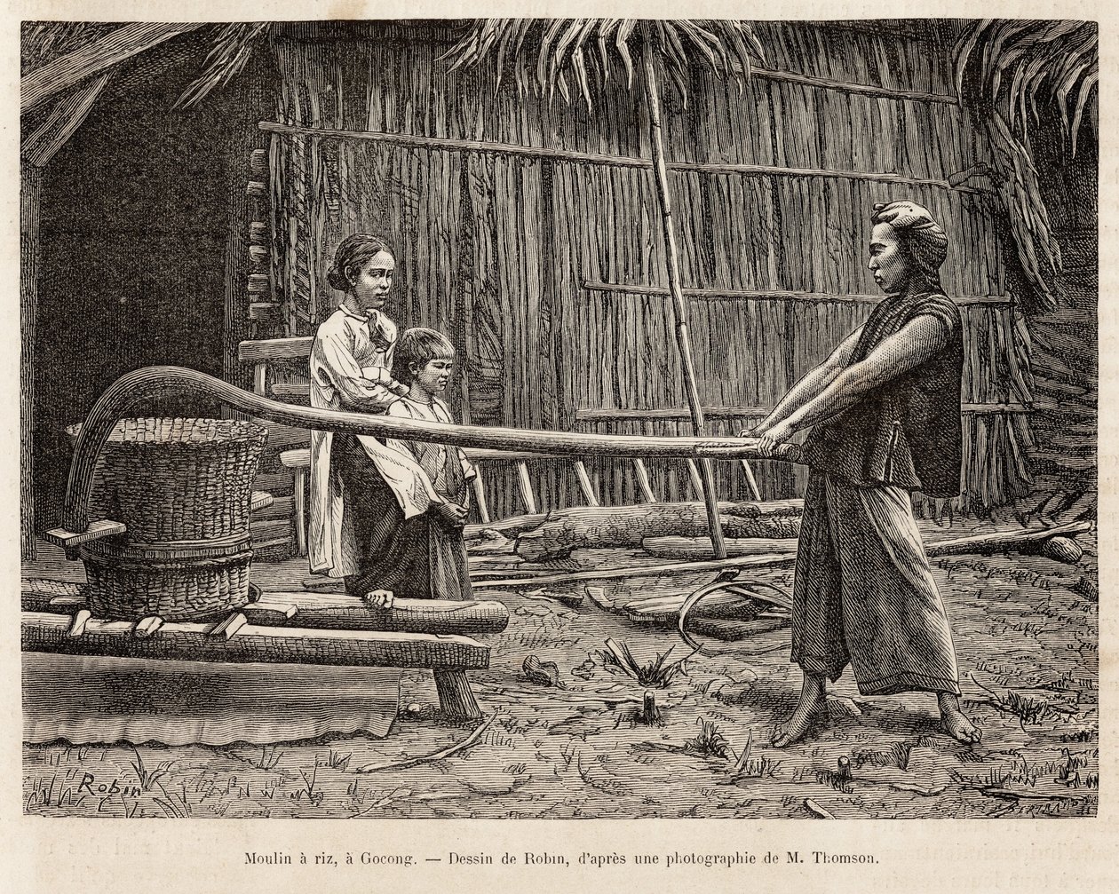 Riskvarnen, framför en bondes hus i Gocong, gravering efter en teckning av Robin som illustrerar resan till Cochinchine, av doktor Morice, 1872, publicerad i "" Le tour du monde""" 1875, redigerad av Edouard Charton, Hachette-upplagan, Paris. Selva av French School