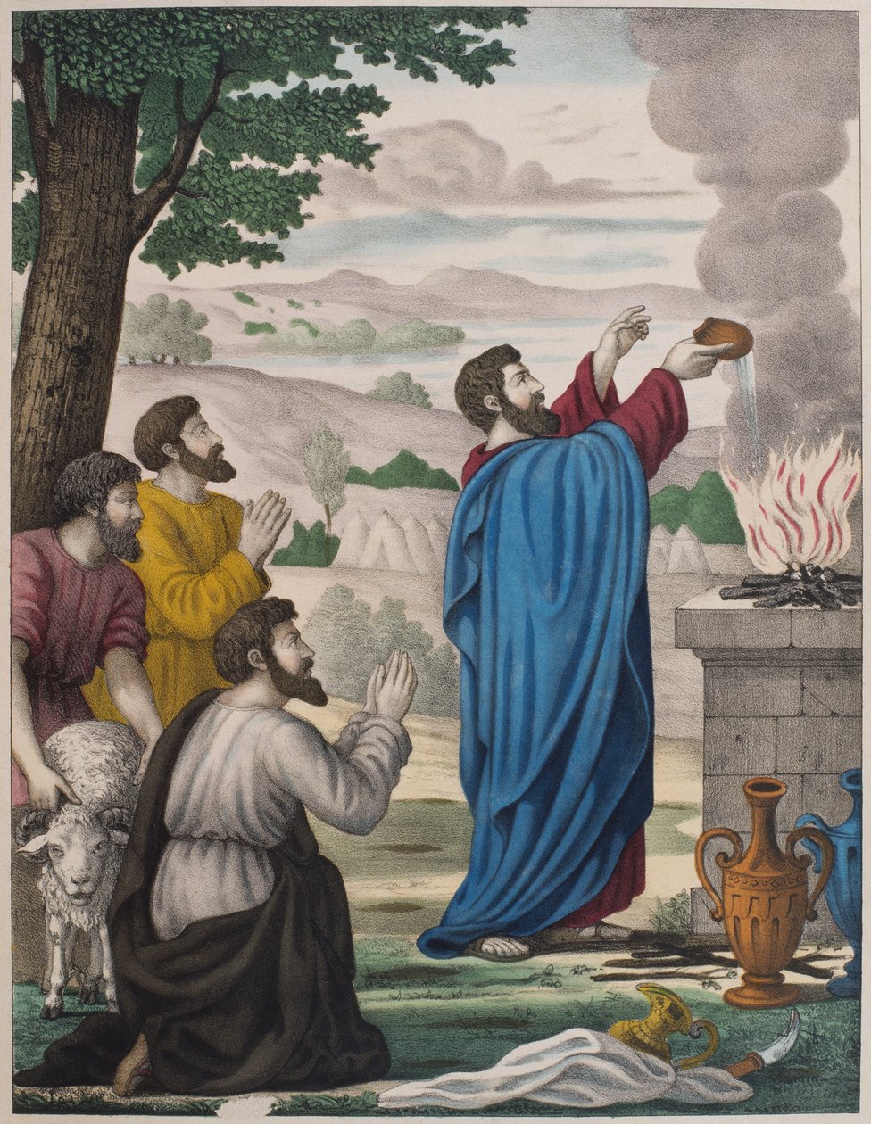 Elias och Baals prästers rivaliserande offer, illustration från en katekes LHistoire Sainte, publicerad av Charles Delagrave, Paris, sent 1800-tal av French School