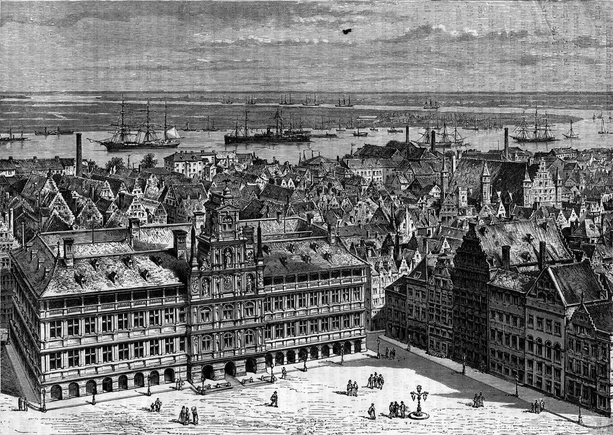Floden Schelde sett från hamnen i Antwerpen, Belgien. Gravyr i "Le Journal de la jeunesse"" av French School