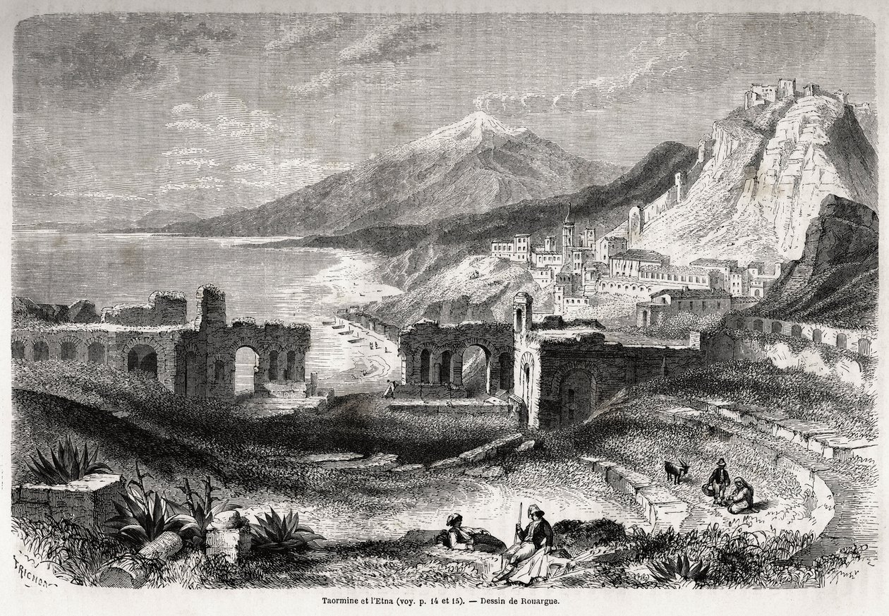 Ruinerna av den antika teatern i Taormina (Tauromenium), vid foten av berget Taurus, med utsikt över den moderna byn Giardini och Etna, teckning av Adolphe Rouargue (1810-187?) och Emile Rouargue (ca1795-1865) för att illustrera Felix Bourquelots dag av French School