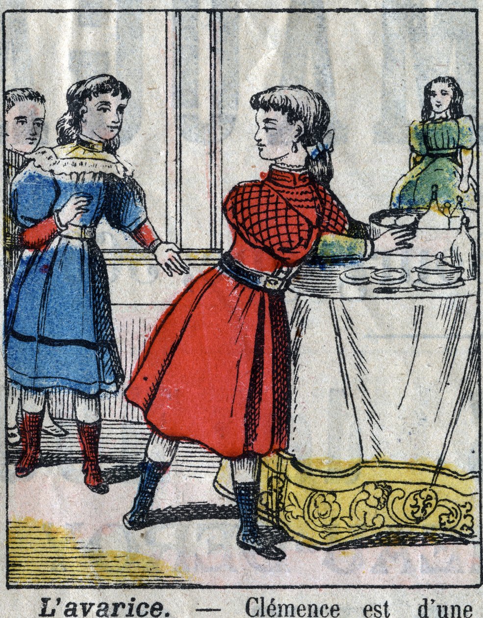 De sju dödssynden: girighet. Epinal avbildning sent 1800-tal. (I sette peccati o vizi capitali) av French School