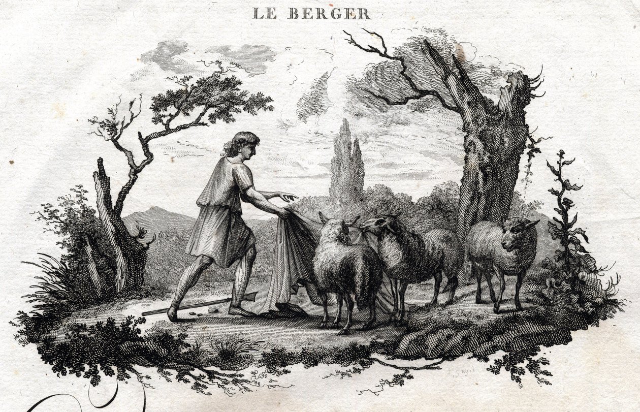 Herden. Fabel av Esope. (Grekisk författare Esopo eller Ecopus, 600-talet f.Kr.) Skriven av Guillaume Montfort och Gravees av Beauble 1801. av French School