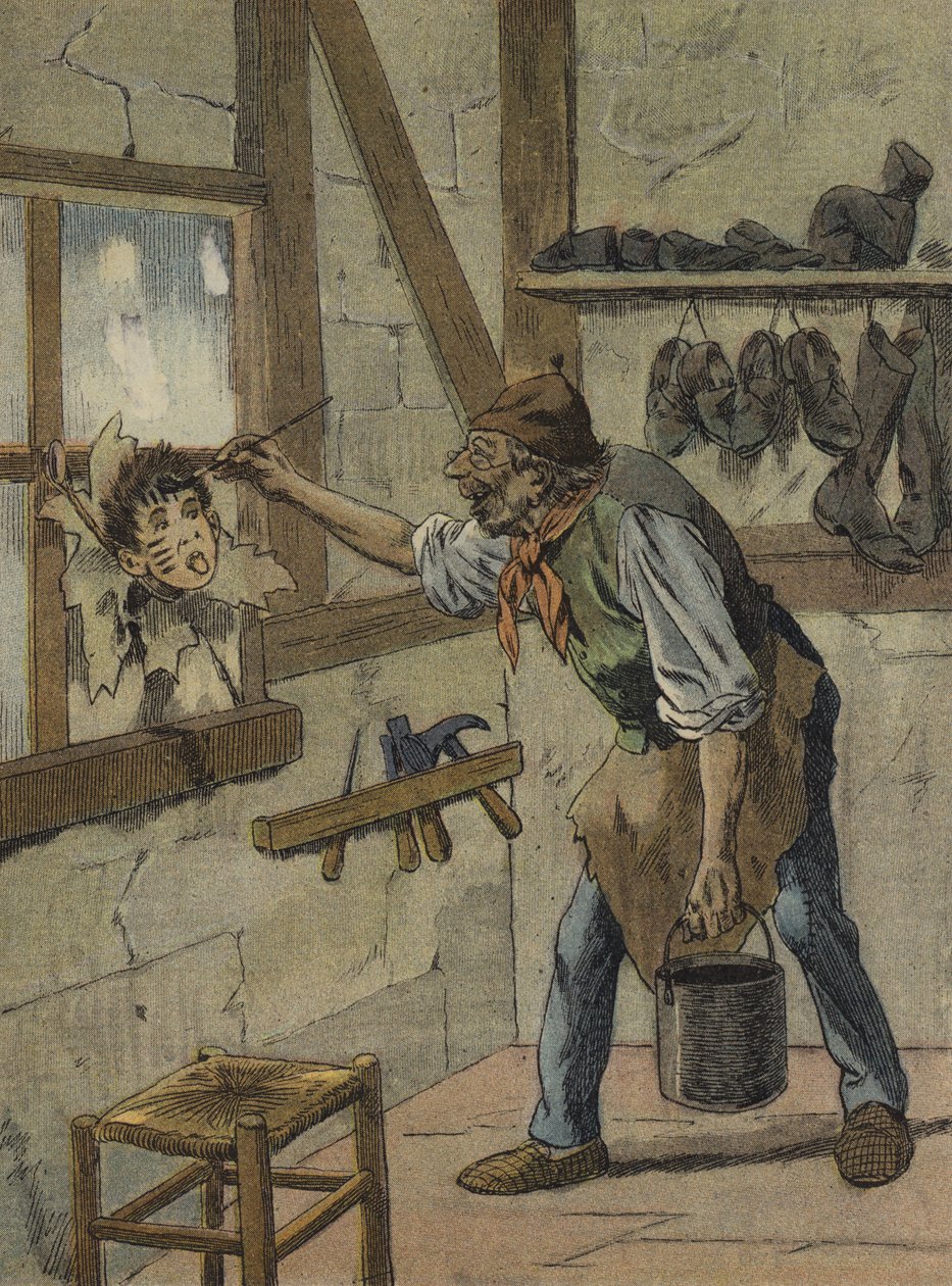 Skomakaren markerade timmarna på figuren av den lilla Jeannot (färglitografi) av French School