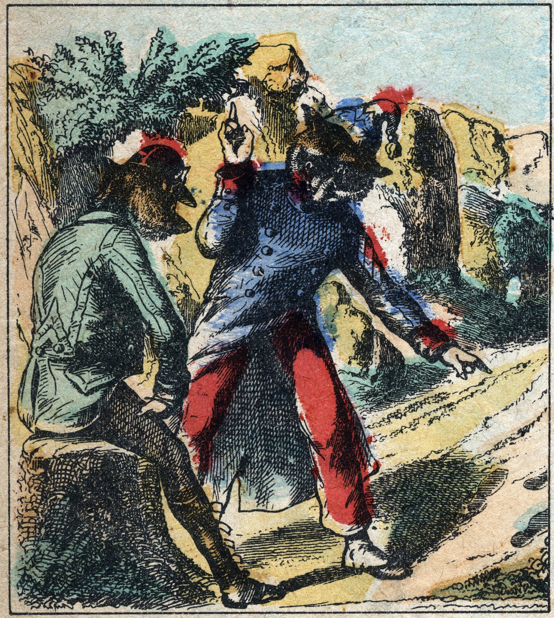 Det sjuka lejonet och räven. Fabler av Jean de La Fontaine (1621-95). Epinal avbildning från slutet av 1800-talet. av French School