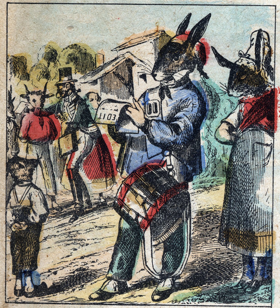 Det sjuka lejonet och räven. Fabler av Jean de La Fontaine (1621-95). Epinal avbildning från slutet av 1800-talet. av French School