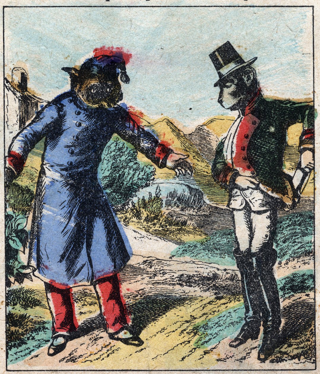 Det sjuka lejonet och räven. Fabler av Jean de La Fontaine (1621-95). Epinal avbildning från slutet av 1800-talet. av French School
