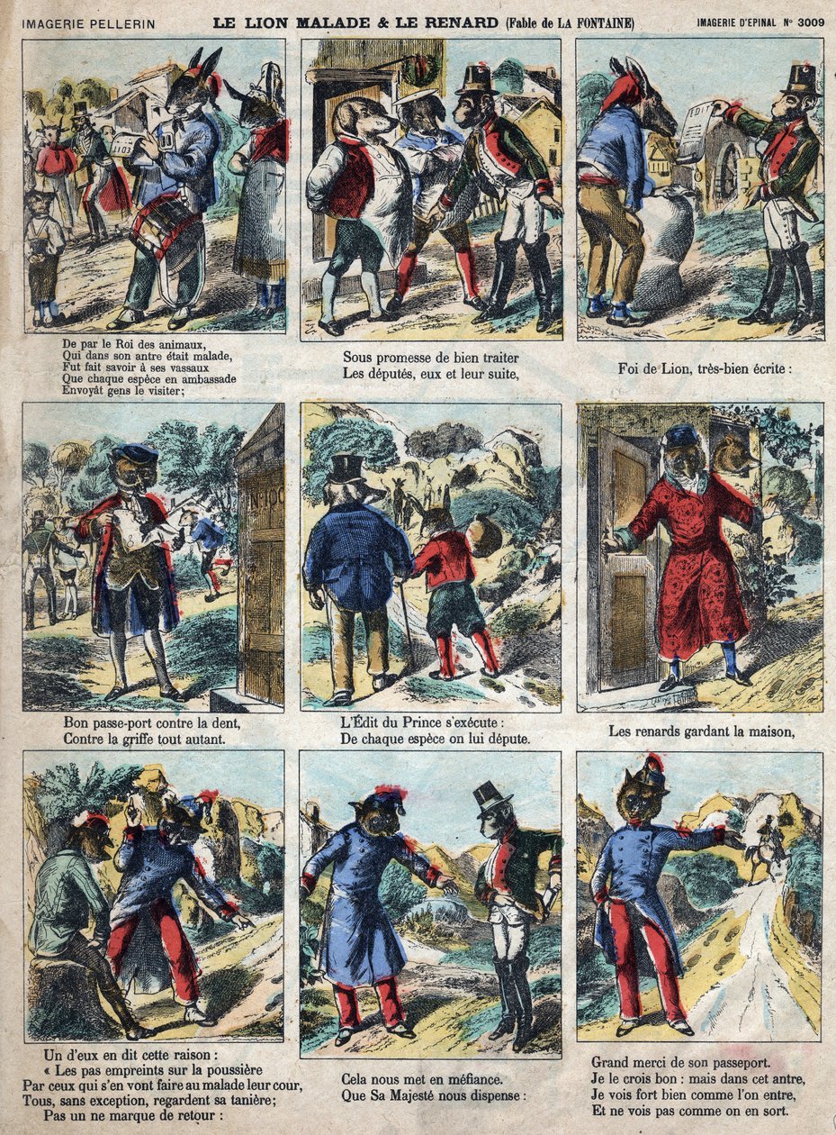 Det sjuka lejonet och räven. Fabler av Jean de La Fontaine (1621-95). Epinal avbildning från slutet av 1800-talet. av French School