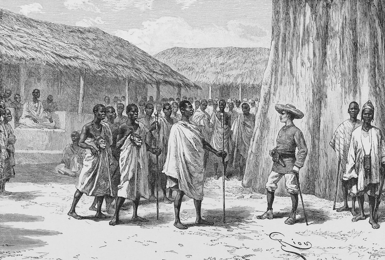 Undertecknandet av fördraget i Aouabou, illustration från "Du Niger au Golfe de Guinee...", av Louis Gustave Binger av French School