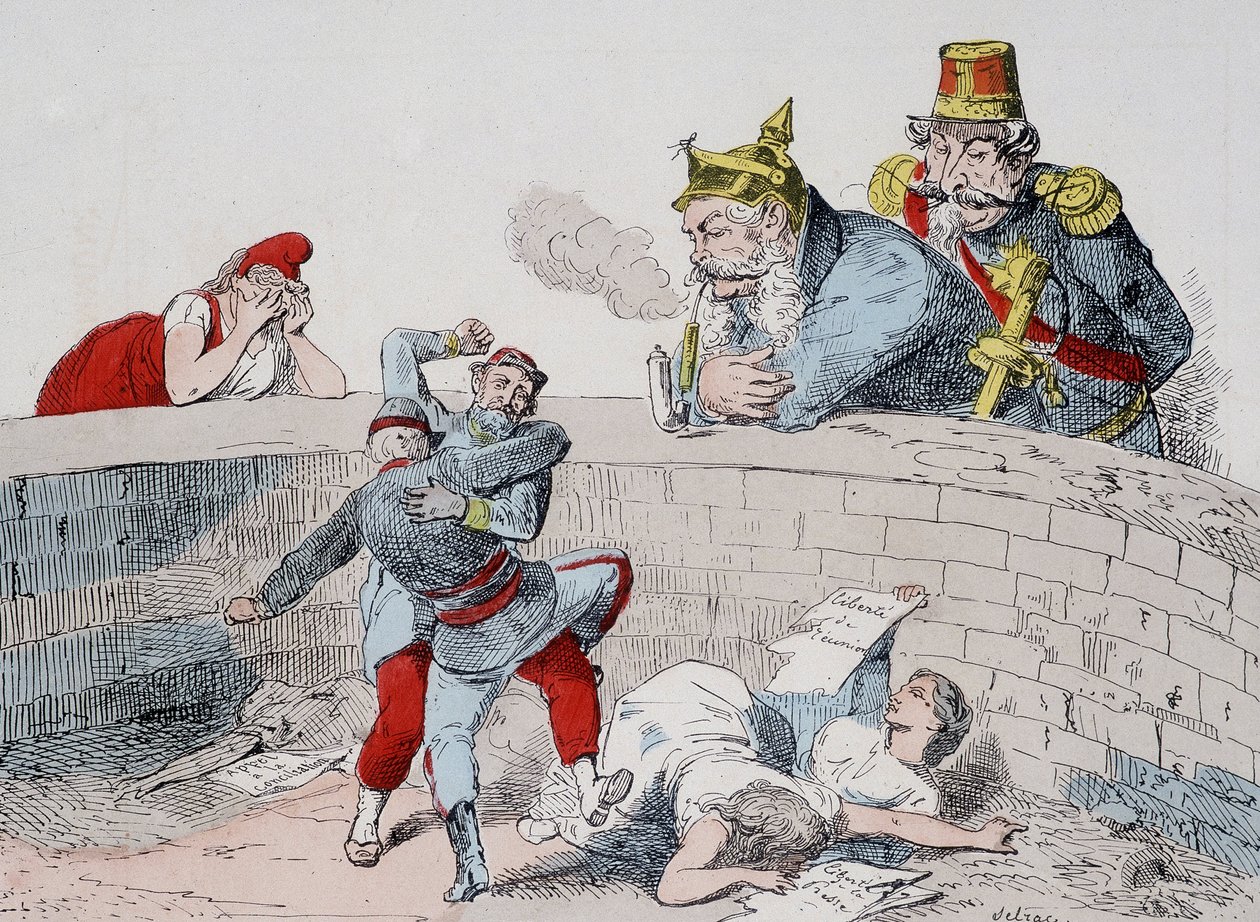 Situationen - Gauillaume: Vi måste hjälpa galna människor, Badingue (Napoleon III): Låt dem göra min bror, det kommer att vara dags att ingripa när de (parisarna) har slukt sig själva. Tecknad film om kommunen. av French School