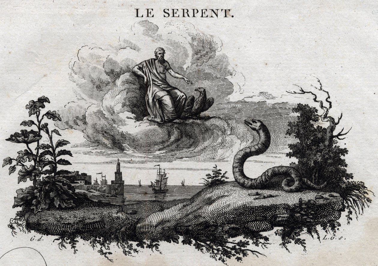 Ormen. Fabel av Esope. (Grekisk författare Esopo eller Ecopus, 600-talet f.Kr.) Skriven av Guillaume Montfort och Gravees av Beauble 1801. av French School