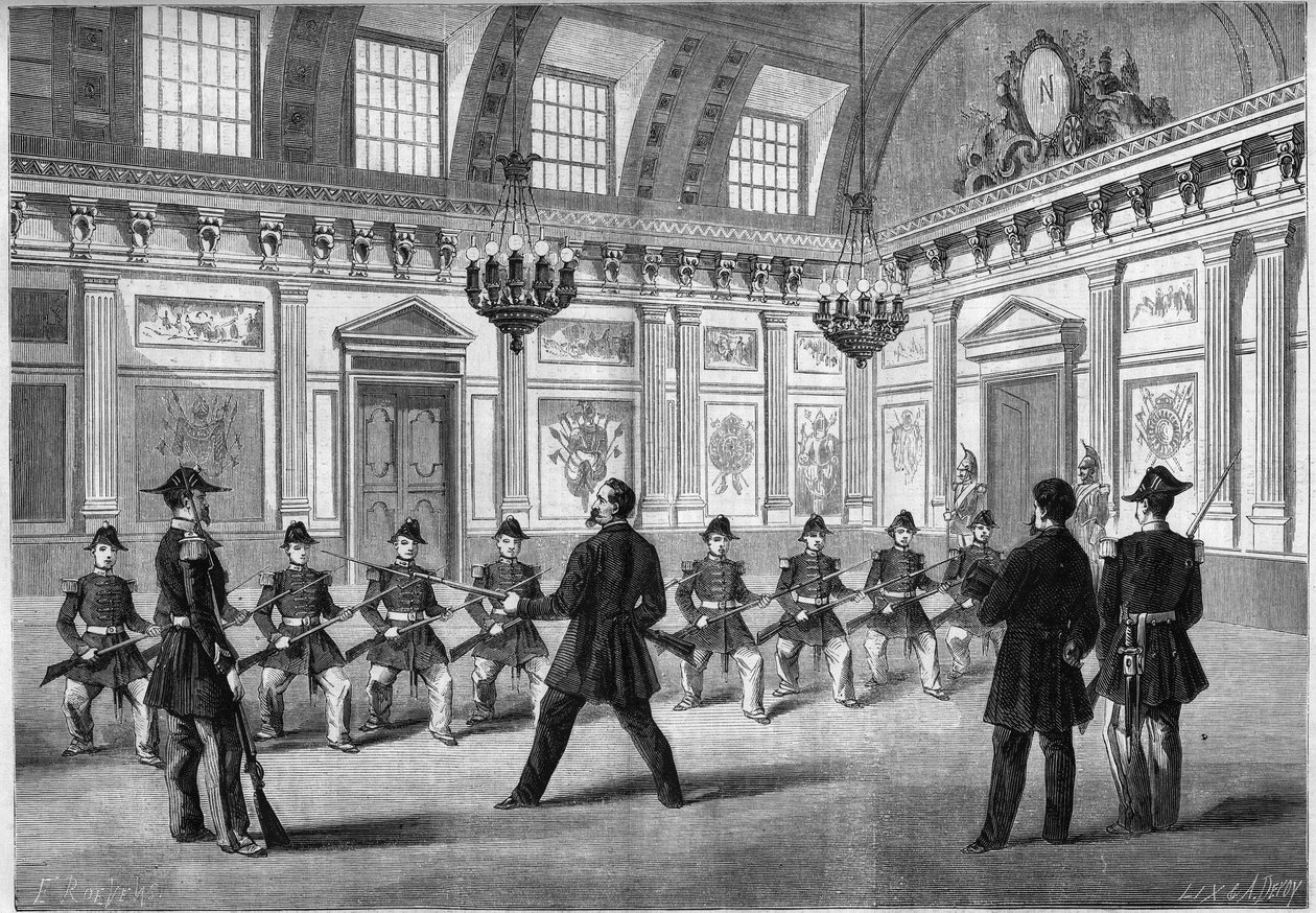 Son till Napoleon III, kejserlig prins (1856-1879), som övade vapen med vaktens avdelningar, inför sin far kejsar Napoleon III (1808-1873), i vaktrummet på slottet i Compiegne. Gravyr i "" Le Monde Illustré"" nr 349 av 19 december av French School