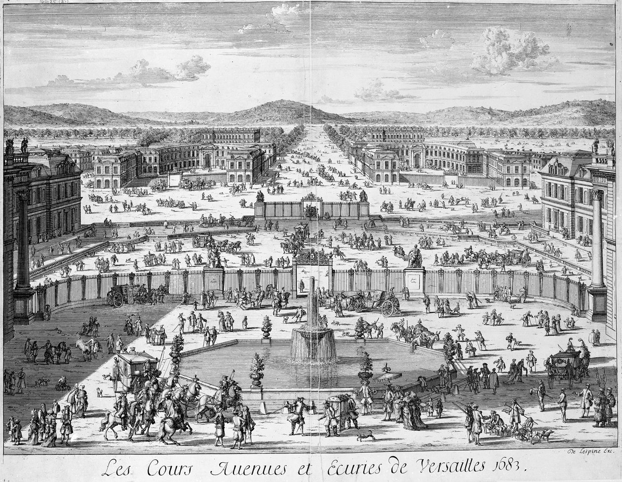 Versailles stall och portar sett från palatset, 1683 av French School