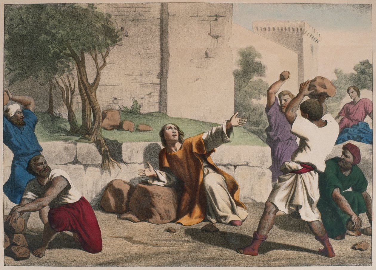 Steningen av St. Stephen, illustration från en katekes LHistoire Sainte, utgiven av Charles Delagrave, Paris, sent 1800-tal av French School